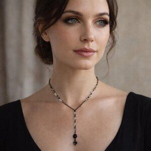 Napier 1980s Beaded Y Necklace Black Crystal Drop 16” Chain Vintage Heart